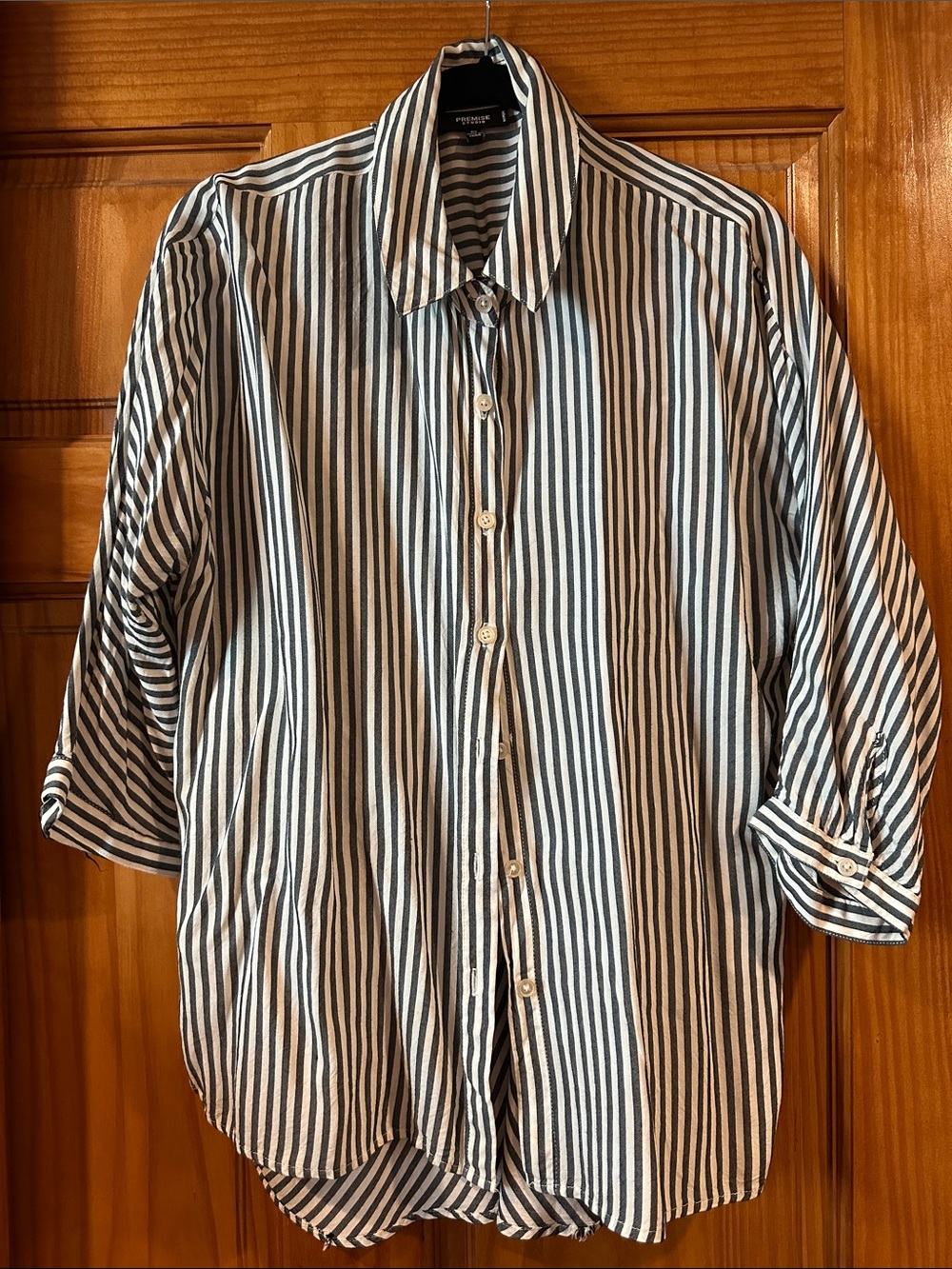 Premise Black and White Vertical Stripe Button Down Shirt